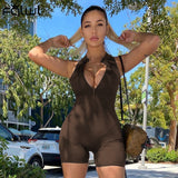 Amfeov Summer Streetwear Bodycon Romper Hollow Out Rompers Playsuits Women Sleeveless Zipper Casual Black Jumpsuits Women 2022