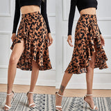 Amfeov 2022 Women Skirt Leopard Print High Waist Split Asymmetrical Personality Elegant Ladies Beach High Street Elastic Outfits