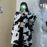 Christmas Gift HOUZHOU Cow Print Women Blouses Korean Style Fashion Autumn 2021 Button Up Shirt Loose Long Sleeve Women Shirt Leisure Tops