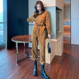 Spring Autumn Women's Jumpsuit Long-Sleeved Waist Turndown Collar Button Sashes Straight Cropped Trousers Streetwear Overalls