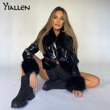 Yiallen Solid New Hipster Coat Women Patchwork Faux PU Leather Feathers High Street Style Hipster Long Sleeve Hot Streetwear