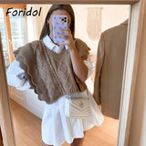 Amfeov Foridol Knitted Sweater Vest Women Ruffle Vintage Sleeveless V Neck Brown Waistcoat Thick Autumn Winter Twist Vest Pullover 2022