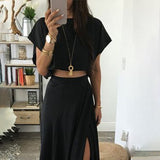 Amfeov Fashion Women High Split Skirt Set Summer Sexy Cropped Top And Long Skirt Two-piece Sets Black Chic Pullover Lounge Wear Outfits