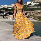Amfeov 2022 Summer New Fashion Matching Suit Printed Bohemian Sexy Beach Skirt Suit 2-Piece Suit Women's Short Top + High Waist Long Sk