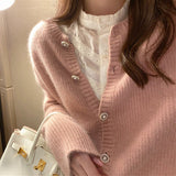 Sweet Long Sleeve O Neck Knitted Cardigan Sweater Women Autumn Single Breasted Cotton Thicken Sweater Pullover Solid Cardigan