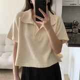 Amfeov Korean Style Summer Blouse Women Short Sleeve Turn Down Collar Loose Solid Color Elegant Knitted Ladies Tops Casual Blusas