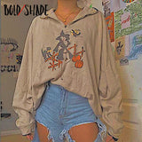 Amfeov Goblincore Fashion Casual Sweatshirt Cartoon Print Half Zipper Indie Sweatshirts Women Long Sleeve Fleece Hoodies New