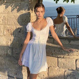 Amfeov White Embroidery Lace Up Dress Women 2022 Summer Ruffle Vintage Beach Dress Famale Puff Sleeve Hollow Out Tulle Dress Vestidos