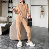 Christmas Gift ins 2 Pieces Set Women Knitted Tracksuit hooded Sweater + Harem Pants Pullover 2021 Sweater Set CHIC Knitted hooded top