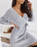 Amfeov Off Shoulder Sweater Dress Women Backless Knitted Jumper Sexy Female Long Sleeve Spring Fall Elegant V Neck See Through Pullover