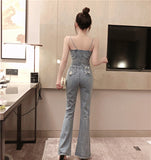 Amfeov 2022 Summer New Style Korean Women's Fashion Double-Breasted Tube Top Strap Waist Ripped Denim One-Piece Wide-Leg Pants