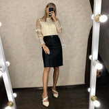 Amfeov Autumn Winter PU Leather Skirt 2022 New Elegant Midi Skirts High Waist Front Split Sheath Wrap Skirts with Belt Female