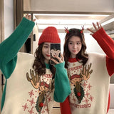 Christmas Gift Women's O-Neck Pullovers Knitting Sweater Loose Long Sleeve Color Matching Snowflake Students Casual Loose Tops