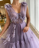 Elegant Lavender Tiered Tulle Long Prom Dresses 2021 A Line Fitted Boning 3D Flowers Floor Length Evening Gowns