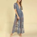 Amfeov Jastie Bohemian Lace Maxi Jumpsuit Women Romper Chic Floral Embroidered Jumpsuit Women Summer Playsuits V-Neck  Jumpsuits