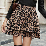 Amfeov High Waist Cake Short Skirt Fashion Retro Leopard Print Double Layer Ruffle Mini Skirt Elastic Waist Casual Skirt