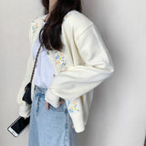 Japanese Women Autumn Sweater and Cardigans Standard Collar Knit Tops Long Sleeve Flower Embroidery Cardigan Loose White Tops