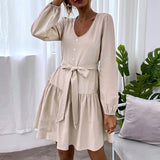 Ruffle Mini Dress Women Casual Single Breasted V Neck Sashes Dress Solid Button Office Dresses Autumn Fashion Clothing 2021 New