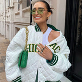 Amfeov Fashion Print Varsity Jackets Women White Baseball Bomber Coat 2022 Autumn Winter Oversized Patchwork Casual Y2k Green Jacket