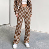 Amfeov Brown Checkerboard Vintage Y2K Jeans Woman Low Waist Grunge Denim Trousers Korean Fashion Casual Streetwear Outfits