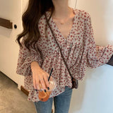 Back To School Amfeov V-Neck Chiffon Shirt Women Sweet Tops Blouse 2022 Spring New Korean Floral Print Long Sleeve Casual Loose Slim Lady Clothes 9307