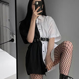 SUCHCUTE Patchwork Women Mini Dress With Button Loose Solid Streetwear Gothic Short Sleeve Dresses Modis Women Party Outfits