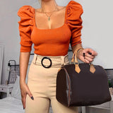 Amfeov Puff Sleeve Square Neck Knit Crop Top Tshirt Women Shirt Spring Autumn Elastic Chic Work Out T Shirt White Orange