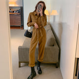Spring Autumn Women's Jumpsuit Long-Sleeved Waist Turndown Collar Button Sashes Straight Cropped Trousers Streetwear Overalls