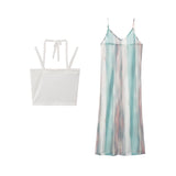 Graduation Gifts 2 Piece Suits Layered mixed Color Transparent Sling Mesh Dress and Cropped Tops Lace Camisole Vest Spaghetti Strap Sets Female