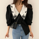 Thanksgiving Day Gifts Women Office Tops Turn Down Collar Embroidery Korean Vintage Ladies Blouses Elegant Single Breasted Casual Femme Blusas Mujer