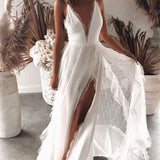 Amfeov Lace Backless Sleeveless White Dress Sexy Deep V Neck Women Formal Dresses Fashion Party Beach Elegant Banquet Bridal Clothing