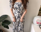 Christmas Gift Summer Elegant Women Print Puff Sleeve Dress Casual Party Slim A-Line Maxi Pleated Dress