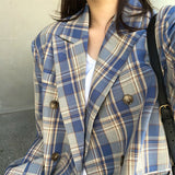 Women Vintage Plaid Blazer Long Sleeve Double-Breasted Jacket Lady Loose Casual Street Wear Suit Autumn Coat