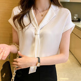 Back To School Amfeov 2022 Summer Short Sleeve Chiffon Shirt Women V-Neck Tie Solid Loose White Blouses And Shirts Korean Plus Size Women Tops 13926