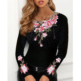 Amfeov Elegant Blouse For Women Flower Print Mesh Tops Long Sleeve Black O-Neck Patchwork Ladies Lace Decor Tee Tops Spring Summer 2024