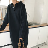 Amfeov 2022 Autumn Winter Loose Knitting Dresses 2022 New Long Sleeve Polo Collar Elegant Oversize Solid Sweater Long Dresses Female