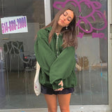 Amfeov Retro Green Oversized Zip Up Jackets Hoodies Women Autumn Preppy Style Vintage Casual Lantern Sleeve Sweatshirts