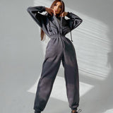 Amfeov Women Basic Hoodie Jumpsuit Zipper Drawstring Overall High Waist Elasticity Streetwear Tracksuit Rompers Casual One Piece Outfit