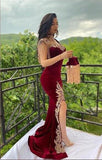 Arabic Mermaid Velvet Evening Dress 4 Pieces Overskirt Split Applique Lace Prom Gowns High Neck Tassel Algerian Outfit