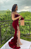 Amfeov Arabic Mermaid Velvet Evening Dress 4 Pieces Overskirt Split Applique Lace Prom Gowns High Neck Tassel Algerian Outfit