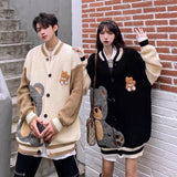 Thanksgiving Day Gifts Cute Bear Sweater Embroidery Streetwear Loose Oversized Cardigan Retro Color Matching Harajuku Knitwear Coat Couple Sweater Tops