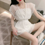 Amfeov 2022 Summer New Fashion V-Neck Hollow Out Hook Flower Lace Waist Slimming Sleeveless Jumpsuit Wide-Leg Pants Female Rompers