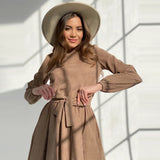 Women Corduroy Vintage Fashion Dress Long Sleeve O neck Sashes A-line Mini Elegant Party Dress 2021 Autumn Winter Casual Dresses