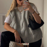 Christmas Gift PUWD Vinatge Woman Grey Oversized V Neck Thick Knitted Vest Autumn Winter Fashion Ladies Loose Soft Tank Female Casual Sweaters