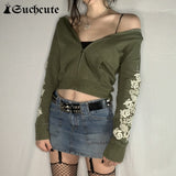SUCHCUTE Floral Printing Vintage Women Sweatshirts Streetwear Zipper Tops Punk Casual Long Sleeve Hoodies Lady Fashion Style