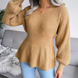 Women Knitted Sweater Lantern Sleeve Ruffled Hem V-Neck Solid Warm Pullover Ladies Elegant Korean Causal Sweaters 2021 Top New