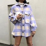 Christmas Gift PUWD Casual Woman Purple Plaid Woolen Coat 2020 Fashion Ladies Autumn Oversized Turn Down Collar Jacket Female Chic Warm Coats