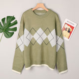 Women Argyle Sweaters Autumn Winter Pullovers Long Sleeve O-Neck Loose Knitted Korean Tops Casual Vintage Jumper Sueter Mujer