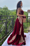 Arabic Mermaid Velvet Evening Dress 4 Pieces Overskirt Split Applique Lace Prom Gowns High Neck Tassel Algerian Outfit