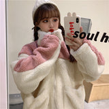 Amfeov Kawaii Teddy Bear Fur Oversize Hoodies Harajuku Women Winter Bomber Jacket Faux Lambs Fur Coat Fleece Plus Size Streetwear